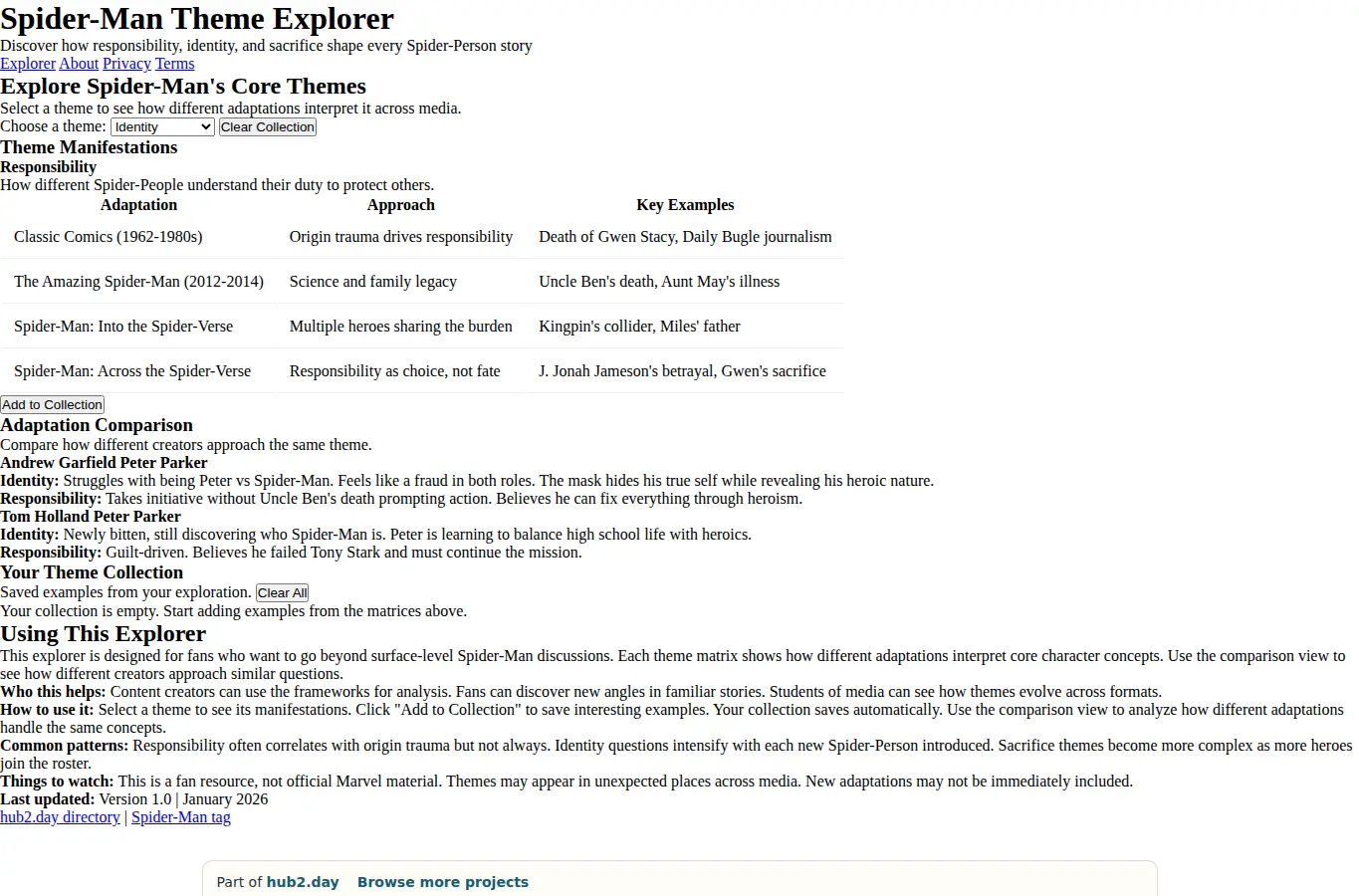 Screenshot of Spider-Man Theme Explorer interface showing the project page in use